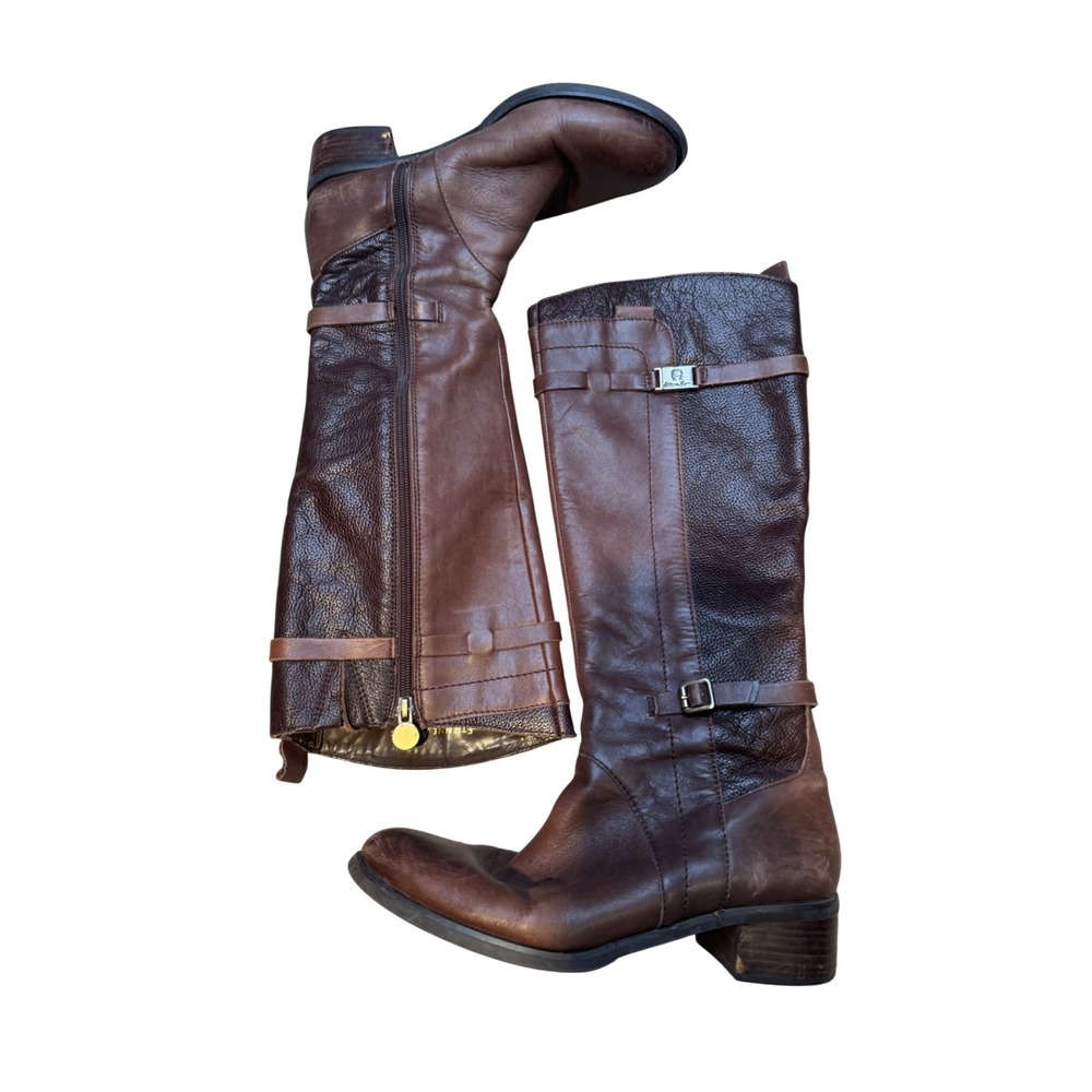 Etienne Aigner Brown Leather Riding Boots Tall Equestrian Buckle‎ Zip Womens 7.5